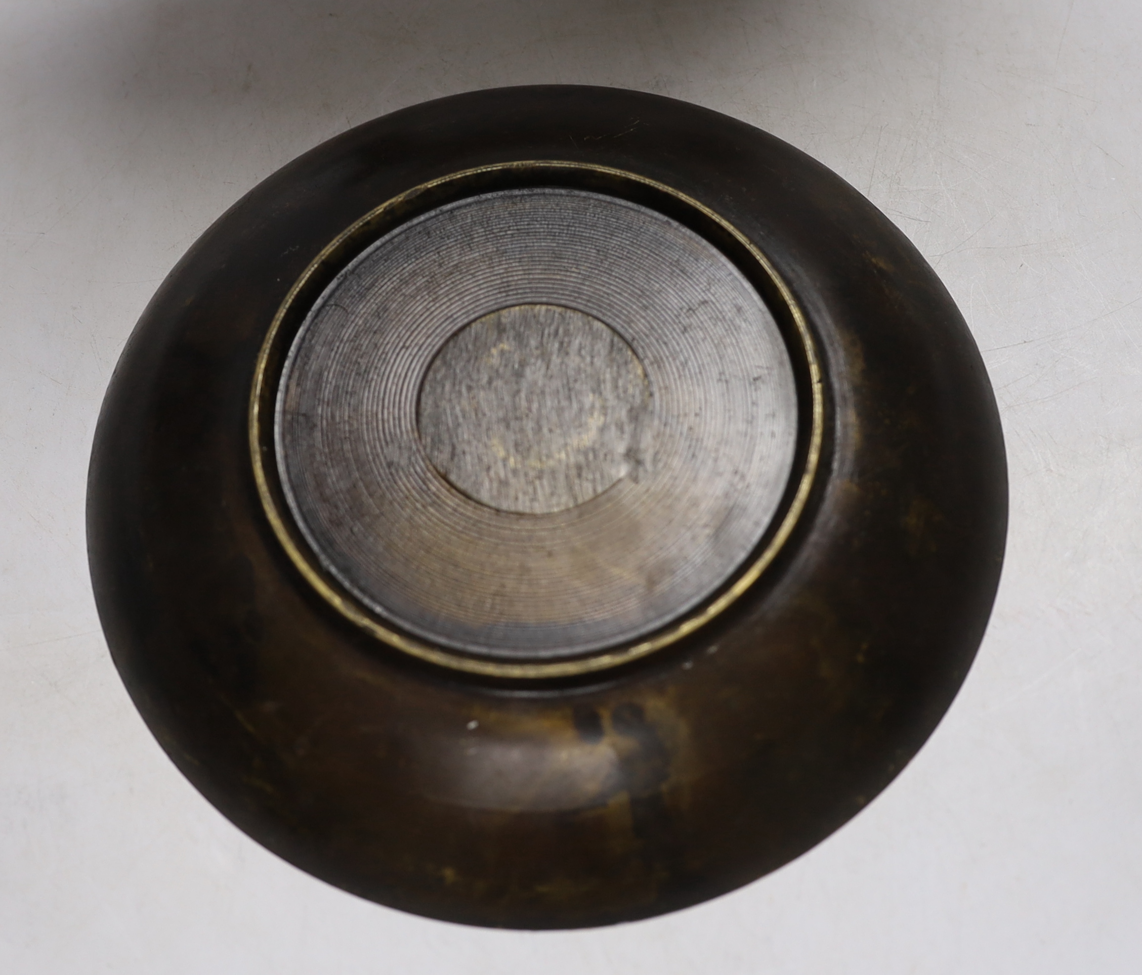 A Chinese carved soapstone tablescreen and a bronze 'coin' dish, largest 30cm high